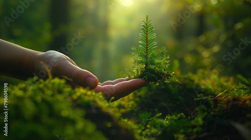 A hand holding a small pine sapling photo