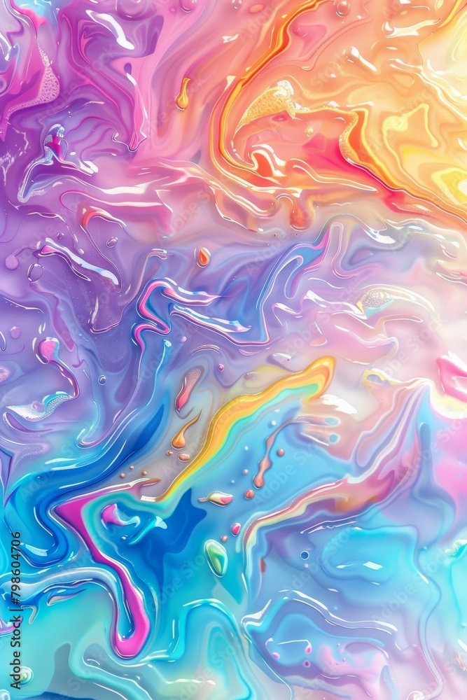 A contemporary abstract pattern with flowing waves of pink, blue, and orange, resembling dreamy candy-like landscapes