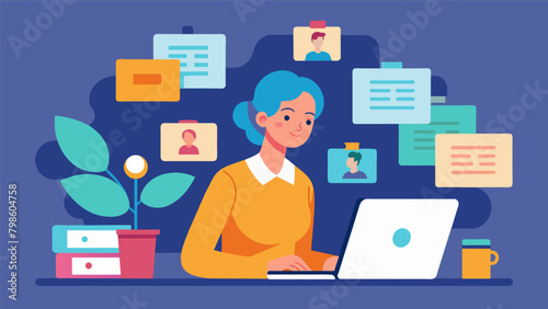 A woman scrolls through online genealogy databases diligently researching her ancestors and uncovering new information.. Vector illustration