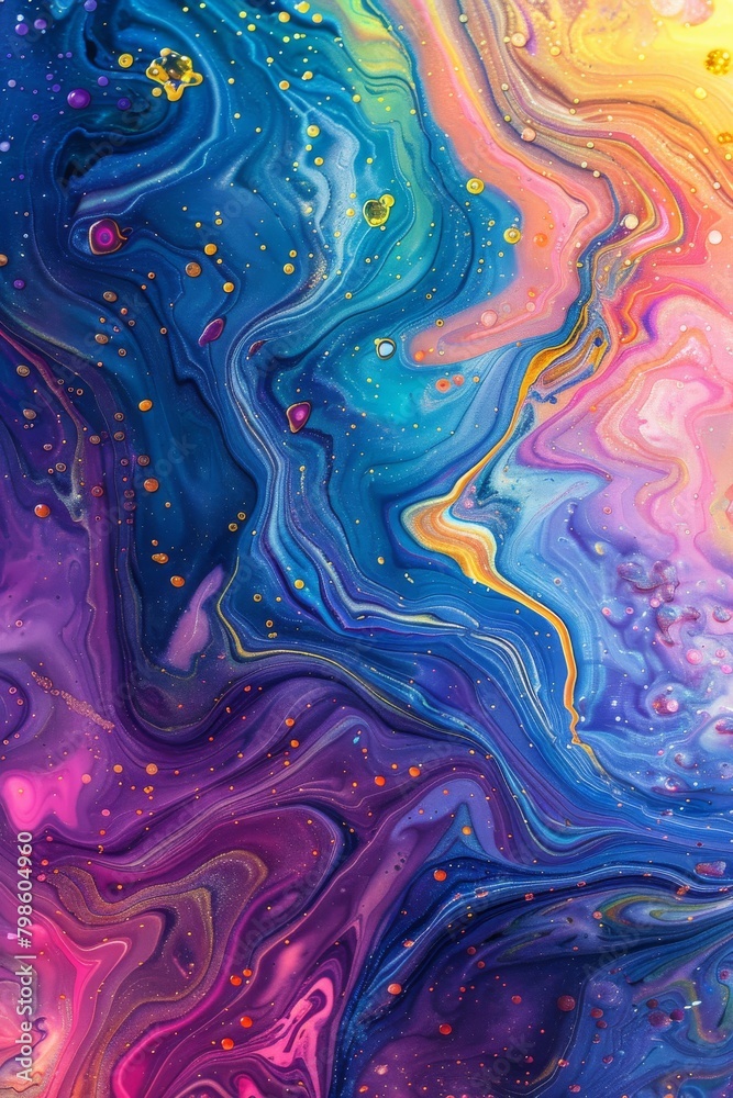 A vivid abstract background with a swirling medley of blues, purples, pinks, and yellows with a hint of cosmic allure