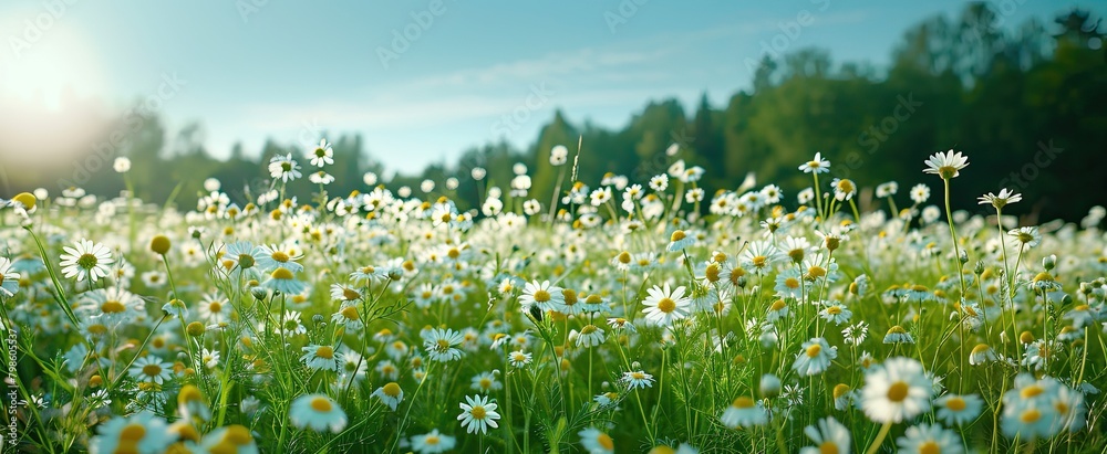 Fototapeta premium Panoramic floral background, web banner with chamomile flowers field, panoramic view on wildflowers spring meadow in sunrise, natural view, AI generated image