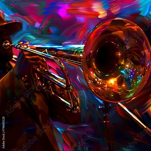 Jazz trombonist in action during a night performance, intense focus, vibrant stage lights reflecting on the brass slide. photo