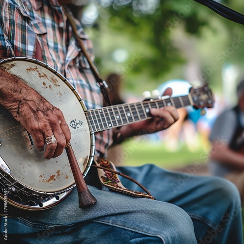 Musician strumming a bluegrass banjo during a lively outdoor folk festival, crowd enjoying the rustic and joyful vibe. photo