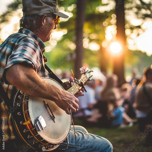 Musician strumming a bluegrass banjo during a lively outdoor folk festival, crowd enjoying the rustic and joyful vibe.