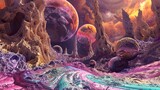 An image of an alien landscape with unique geological formations and vibrant colors