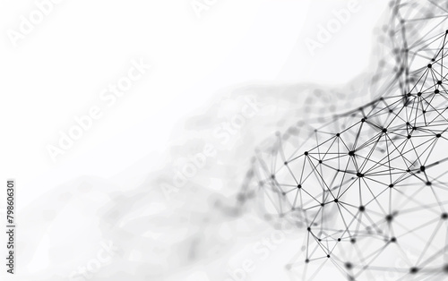 Black lines and dots on white background on the side form semblance of network in minimalist style. Technology background
