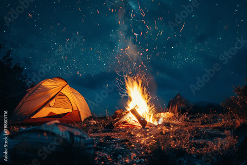 A crackling bonfire under a star-studded night sky, surrounded by tents and laughter.