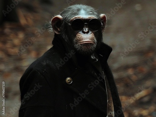 Out and about, a monkey embraces the latest trends in a chic outfit and sunglasses, effortlessly blending into the fashionable outdoor scene
