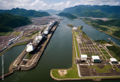 aerial stunning miraflores canal image panama locks ai generative grooved business water travel technology landscape sea ocean boat engineering ship tour tourism transportation photo