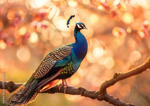 Majestic Peacock on Tree Branch with Warm Autumn Bokeh Background