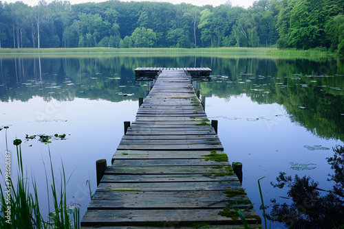 A rustic wooden dock extending into a calm lake, perfect for swimming and fishing.
