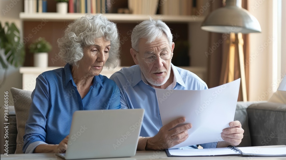 An elderly couple reviewing their retirement funds with financial documents and a laptop An elderly couple reviewing their retirement funds with financial documents and a laptop