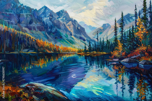 A serene lake framed by towering mountains, its surface reflecting the vibrant colors of the surrounding landscape.