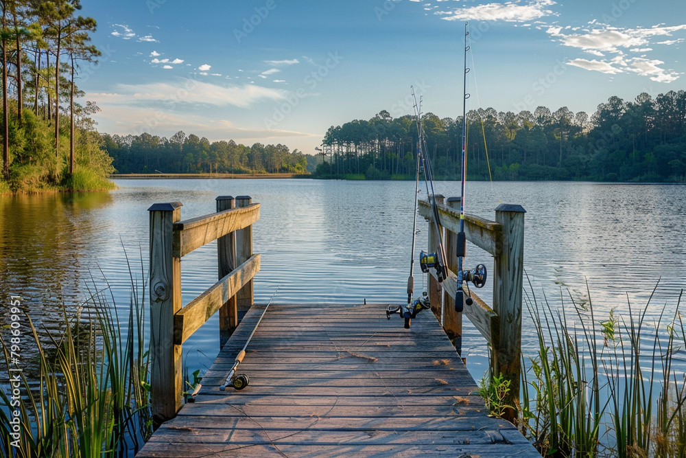 A serene lakeside dock with fishing rods leaning against the railing, awaiting eager anglers.