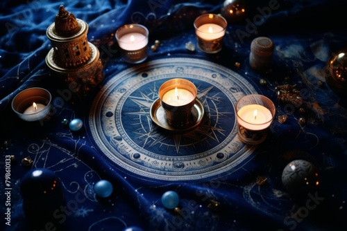 A beautiful and intricate astrological chart with candles and other magical objects