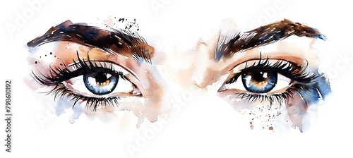 The painting depicts two pairs of eyes, one adorned with lengthy lashes and the other sporting shorter ones, rendered in watercolor.
