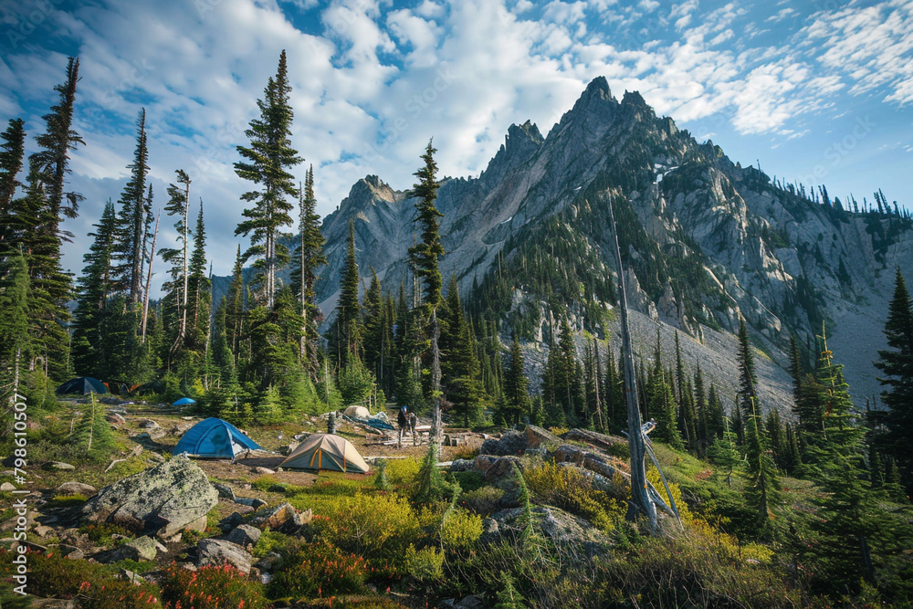 A sprawling campsite nestled at the base of a rugged mountain, surrounded by towering pine trees.