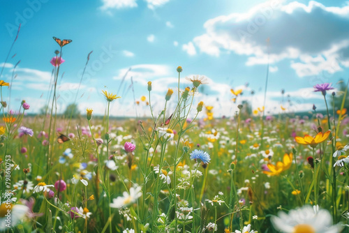 A sprawling field alive with the vibrant colors of wildflowers, buzzing with bees and butterflies in the summer sun.