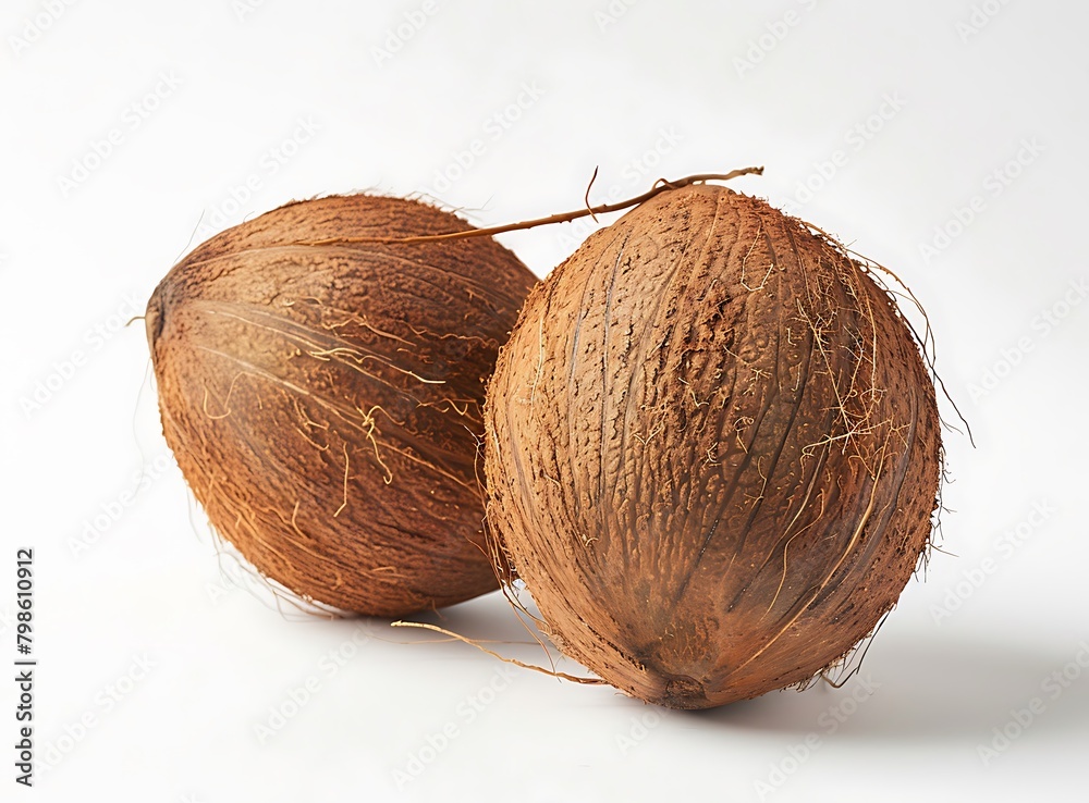 This is a stock photo of two coconuts with their shells placed on a plain white background. This is a stock photo of two coconuts with their shells placed on a plain white background.