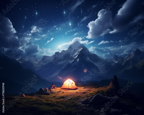 Camping in the mountains at night with beautiful views. Used for making wallpaper  posters  cards  brochures.