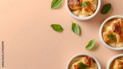 Sweet bread pudding cake dessert with leaf decoration on white bowl isolated photo
