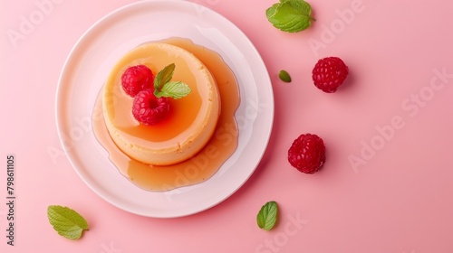 Sweet flan cake dessert with raspberry fruit decoration on white plate isolated pink photo