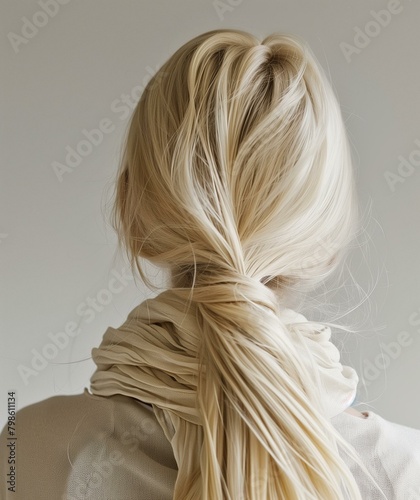 Woman's Blonde Hair Tied in Casual Braid on Neutral Background photo
