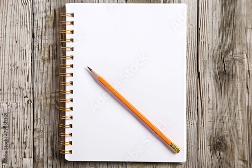 A white notebook with a pencil resting on a wooden table.