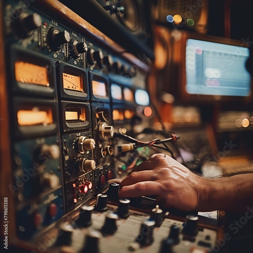 Vintage sound compressor being adjusted in a retro-styled music studio, showcasing its role in achieving a classic sound profile photo