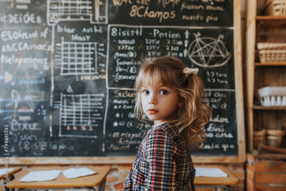 A little student stands at the blackboard in the classroom and turns to look at the camera. A little student stands at the blackboard in the classroom and turns to look at the camera.