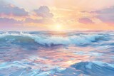 Capture the tranquility of an evening sea in a soft watercolor style, focusing on the pastel hues of the setting sun reflecting off gentle waves