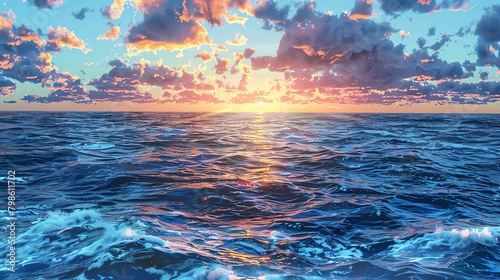 Illustrate a photorealistic scene of a frontal view at dusk on the evening sea photo