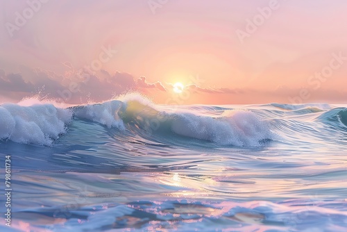 Capture the tranquility of an evening sea in a soft watercolor style, focusing on the pastel hues of the setting sun reflecting off gentle waves