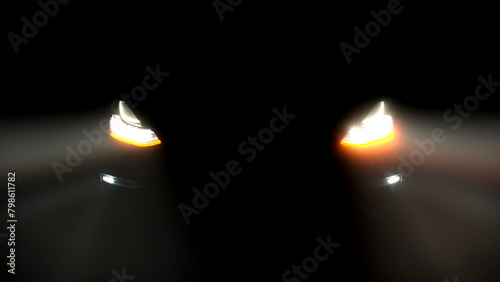 Car flasher with flashing indicator. Close-up of the turned on LED lights of an anonymous prestigious modern luxury car. photo