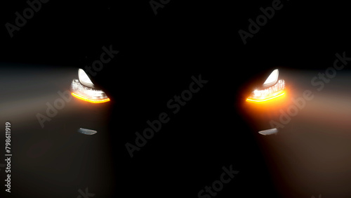 Car flasher with flashing indicator. Close-up of the turned on LED lights of an anonymous prestigious modern luxury car. photo