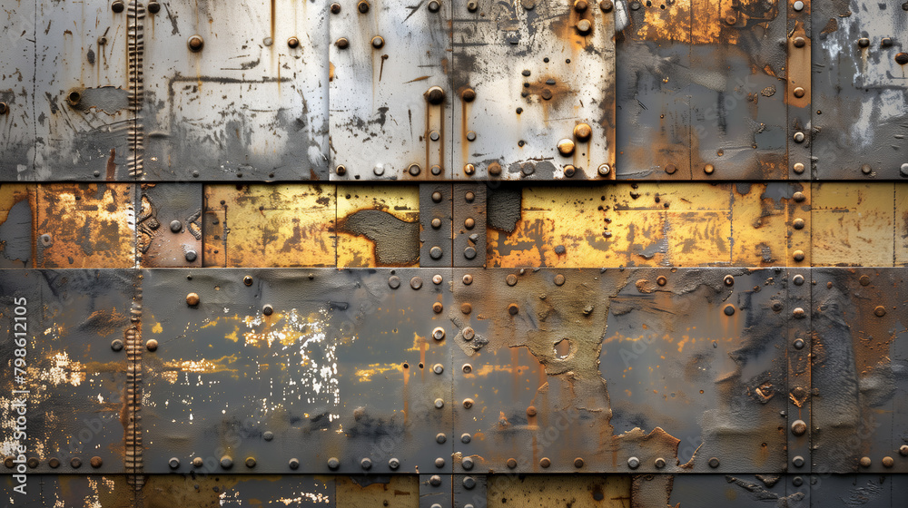 Fototapeta premium Close-up of weathered rusty metal wall with peeling paint