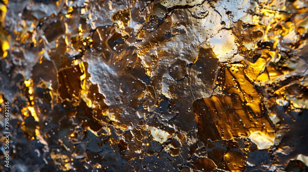 Colorful liquid with oil, water, and wax floating on it. Pile of shiny, gold nuggets on rough, gray rocks Colorful liquid with oil, water, and wax floating on it. Pile of shiny, gold nuggets on rough, gray rocks