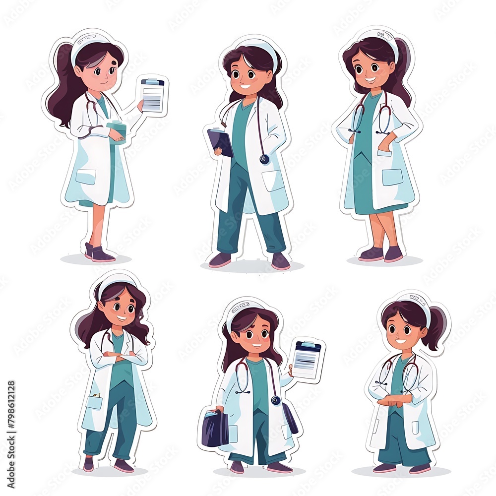 The image shows six cartoon illustrations of female doctors in white coats, depicting different poses and actions. The image shows six cartoon illustrations of female doctors in white coats, depicting different poses and actions.