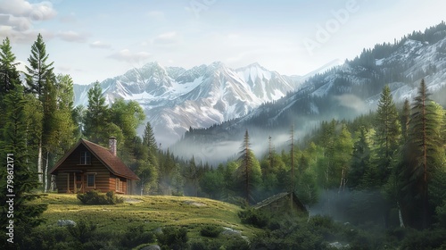 Capture the serene beauty of a lone cabin nestled among towering pine trees