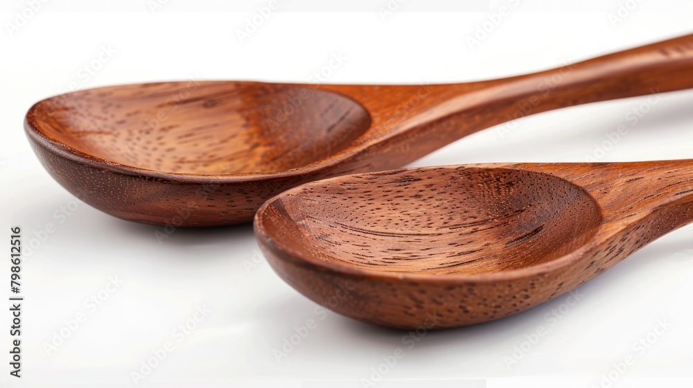Close up of two brown wooden spoons on a white background Close up of two brown wooden spoons on a white background