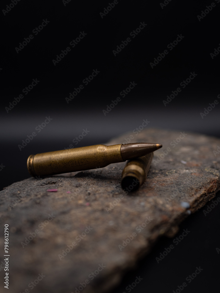 Obraz premium Two empty cases of 7.62mm rounds on a rock