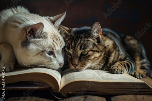 Two cats, light and dark, lie on a large open book