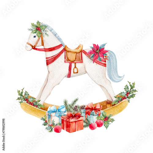 Beautiful watercolor hand drawn illustration with cute rocking horse toy Christmas gift. Children toy horse clip art. Happy new year.