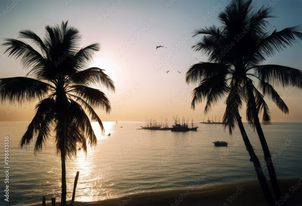 ocean peaceful sunrise palm background travel Aerial boats island industry summer silhouette trees small tourism holiday morning view bright fishing Water Beach Nature