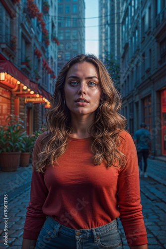 A beautiful young brunette woman in a blank Red T-shirt and jeans posing on the street, mockup design concept
