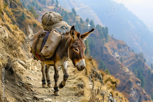 Hardworking scene of a donkey carrying a heavy load on its back while traversing a steep mountain path. photo