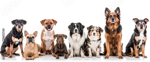 A variety of dogs sitting in a row from small to large sizes against a white background