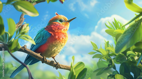 Bird Emoji A colorful bird perched on a tree branch chirping joyfully against a backdrop of lush foliage and blue sky. © Sajawal