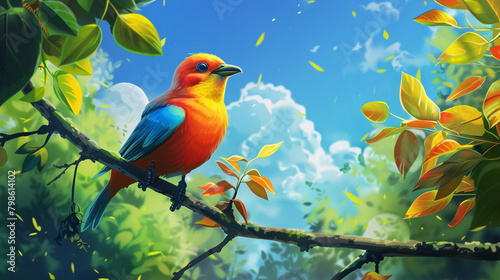 Bird Emoji A colorful bird perched on a tree branch chirping joyfully against a backdrop of lush foliage and blue sky. © Sajawal