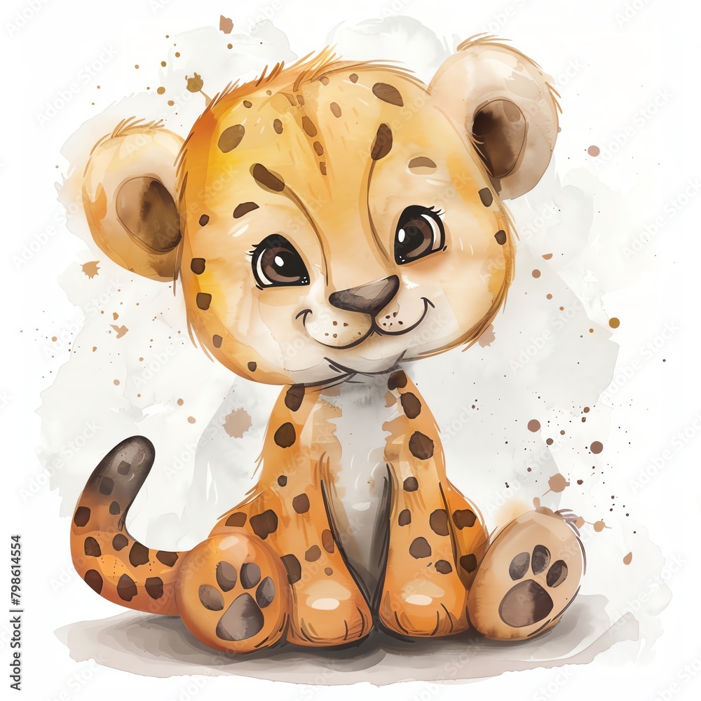A cute cartoon baby cheetah sitting down with a happy expression on its face and a watercolor background - obrazy, fototapety, plakaty 